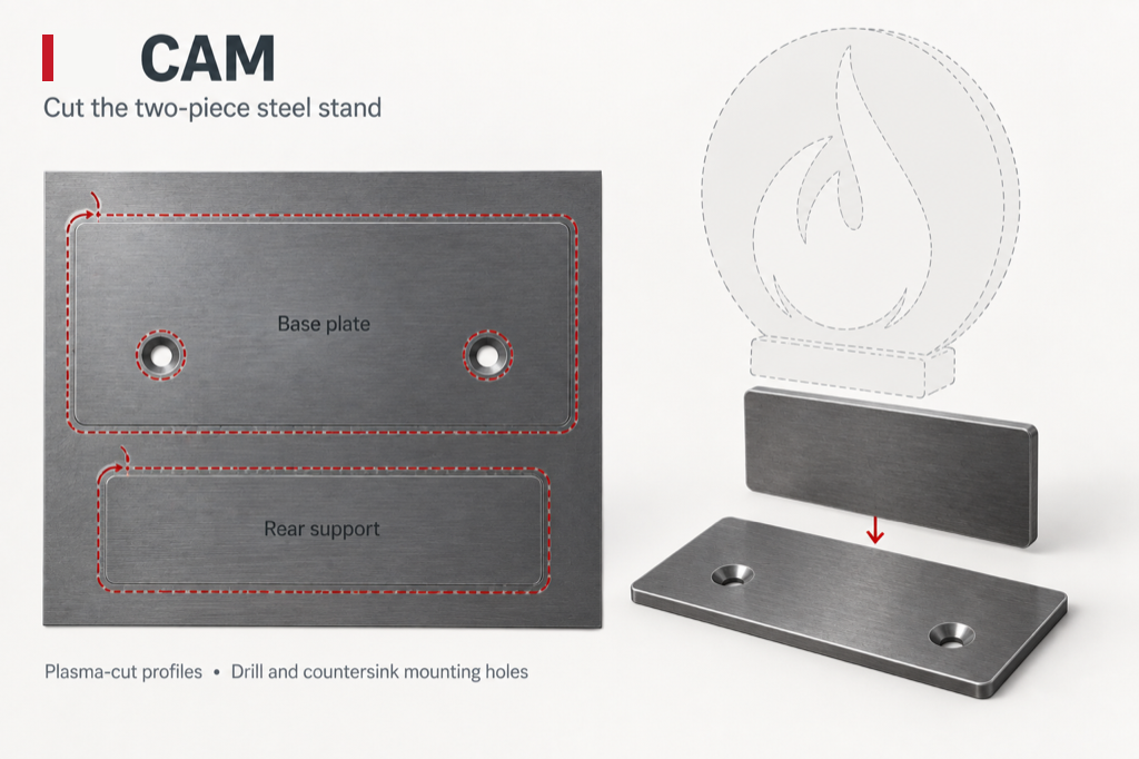 CAM example: plasma-cut steel stand profiles with toolpaths